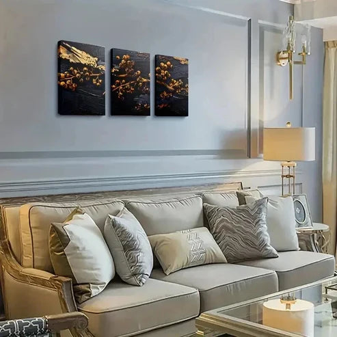 3pcs Golden Berries on Black Background Art Set Canvas Unframed - High Quality Print 100% Australian Made Wall Canvas