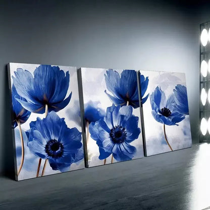 3pc Blue Poppy Flower  Wall Art Set Canvas Framed 50x70cm - High Quality Print 100% Australian Made Wall Canvas Ready to Hang - Bella Home Decor