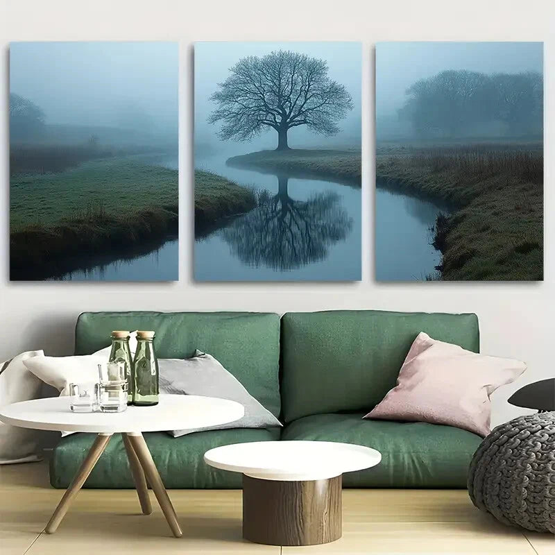 3pcs Misty Morning in English Countryside Design Metal Print Ready to Hang Art