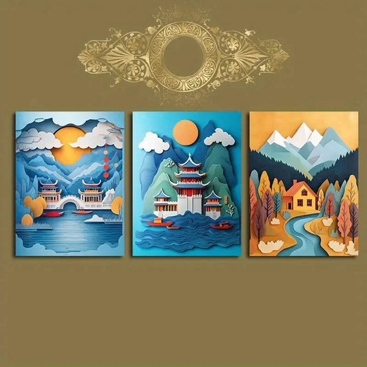 3pcs Asian-Inspired Scenic Decorative Metal Print Ready to Hang Art