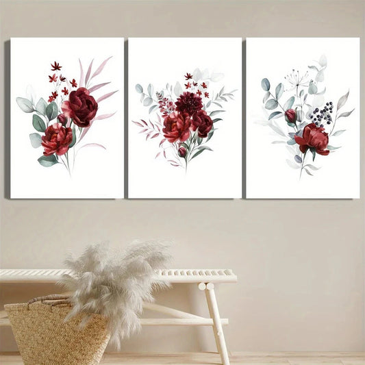 3pcs Rose Flower Botanical Roses & Green Leaves Metal Print Ready to Hang Art