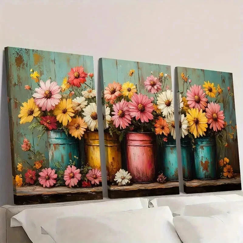 3pcs Yellow Pink & White Flowers in Metal Cans Wall Art Set Canvas Framed 40x60cm - High Quality Print 100% Australian Made Wall Canvas Ready to Hang
