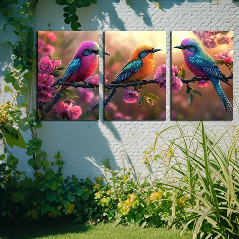 3pcs Vibrant High-Flying Bird with Pink Florals Metal Print Ready to Hang Art