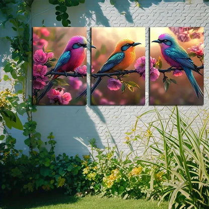 3pcs Vibrant High-Flying Bird with Pink Florals Metal Print Ready to Hang Art