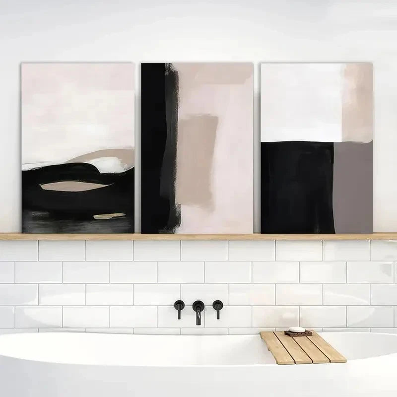 3pcs Painting Abstract Beige Black and White Metal Print Ready to Hang Art