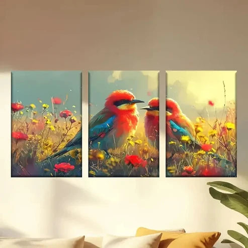 3pcs Two Birds Sitting on a Field of Flowers Wall Art Canvas Unframed - High Quality Print 100% Australian Made Wall Canvas