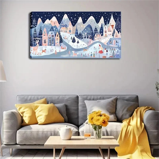Minimalist Snowy Village Nature Wall Art Canvas Office Home Room Framed 120x60cm