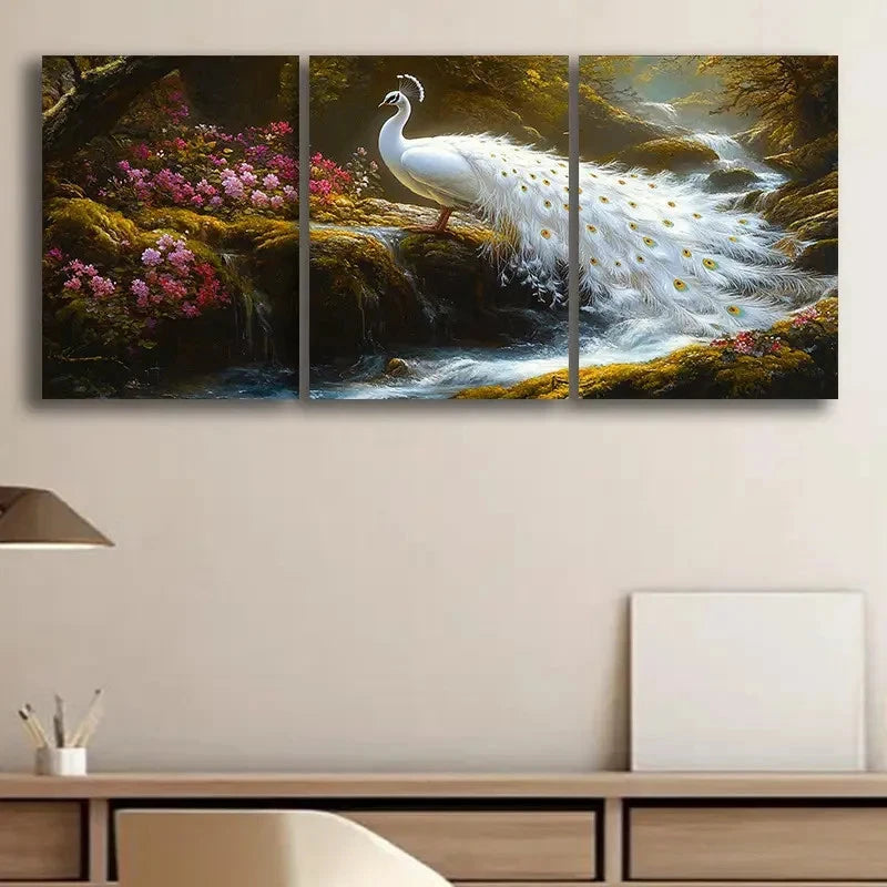 3pcs White Peacock and Floral Wall Art Set Canvas Framed 60x90cm - High Quality Print 100% Australian Made Wall Canvas Ready to Hang