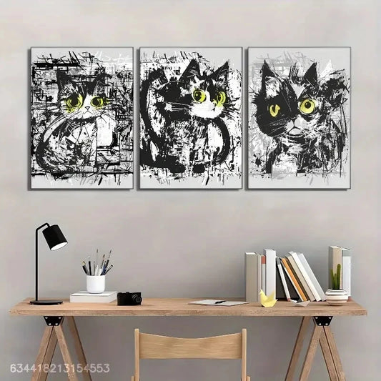 3pcs Geometric Black and White Cat Decoration Metal Print Ready to Hang Art