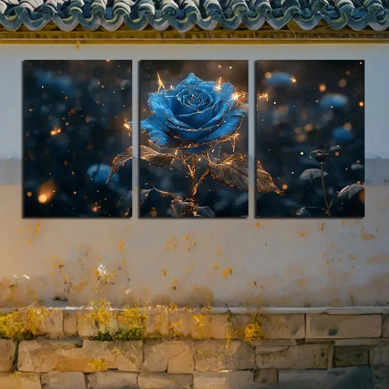 3pcs Beautiful Blue roses with Golden Accents Metal Print Ready to Hang Art