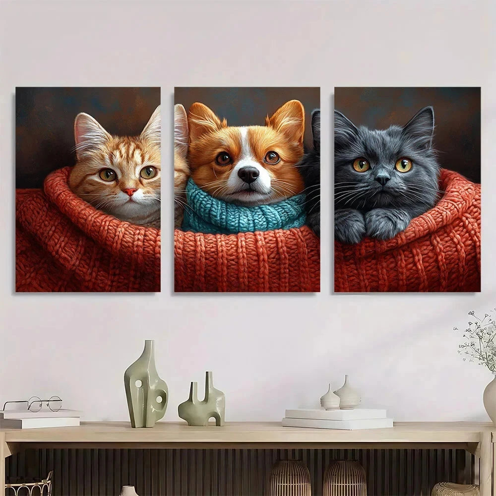 3pcs Adorable Pet Dog & Cat Red Blue Metal Print Ready to Hang Art