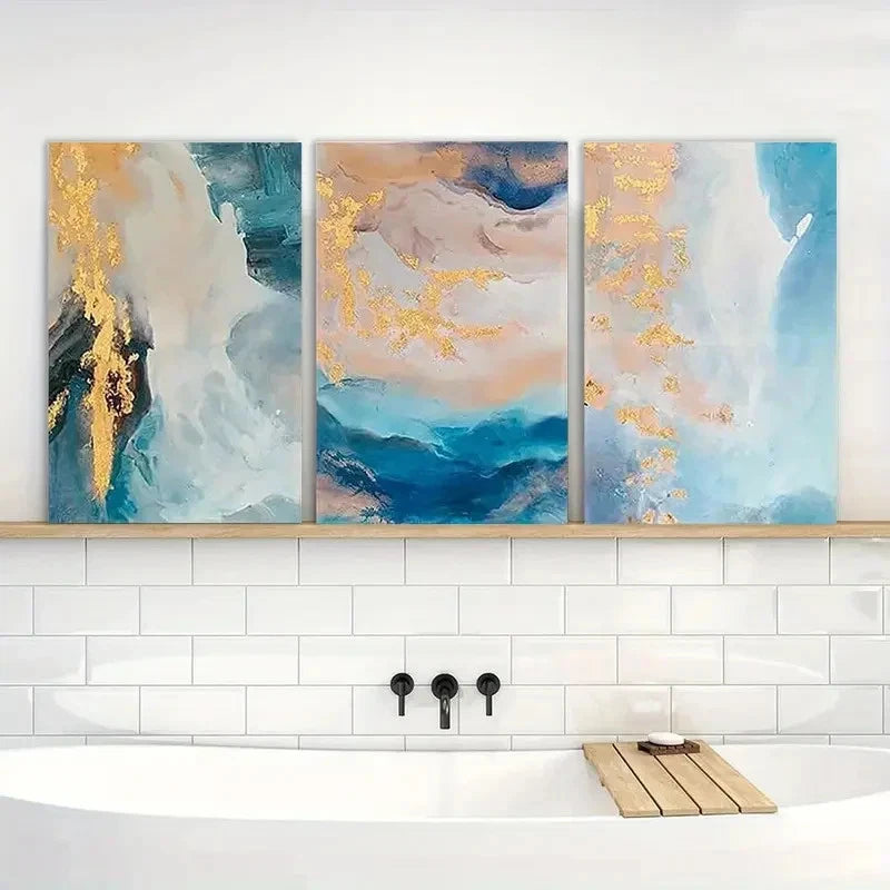 3pcs Teal Abstract Set with Golden Marble Accents Metal Print Ready to Hang Art