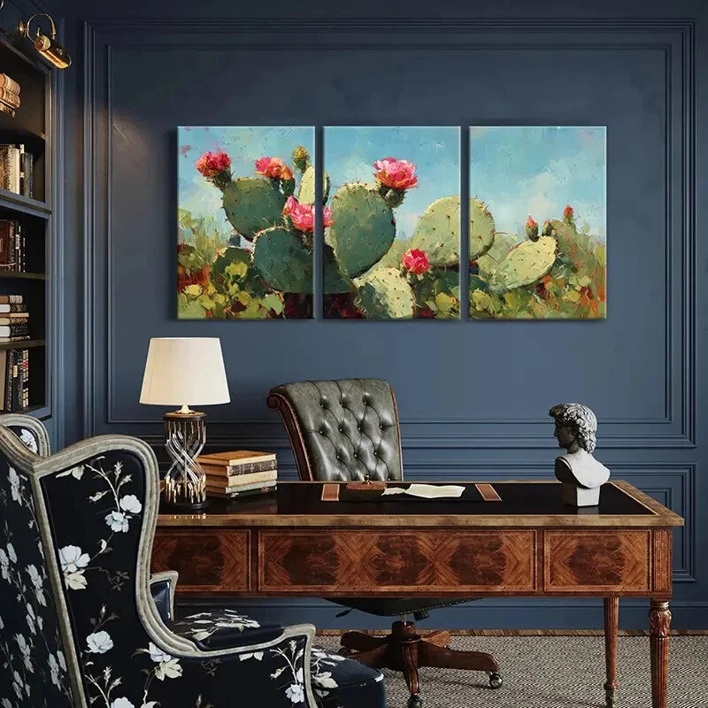 3pcs Artistic Cactus Painting Desert Bloom Metal Print Ready to Hang Art
