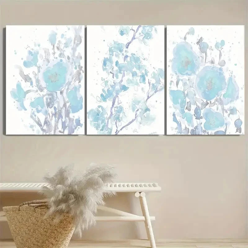 3pcs Pastel Blue Floral Poppy Wildflower Metal Print Ready to Hang Art