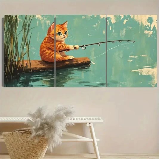 3pcs Cute Whimsical Cat Fishing Retro Design Metal Print Ready to Hang Art