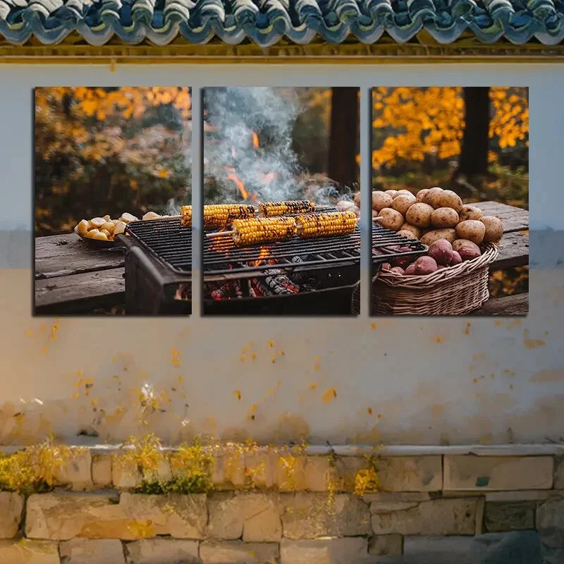 3pcs Outdoor Barbecue Grilled Corns Metal Print Ready to Hang Art