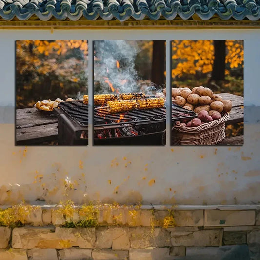 3pcs Outdoor Barbecue Grilled Corns Metal Print Ready to Hang Art