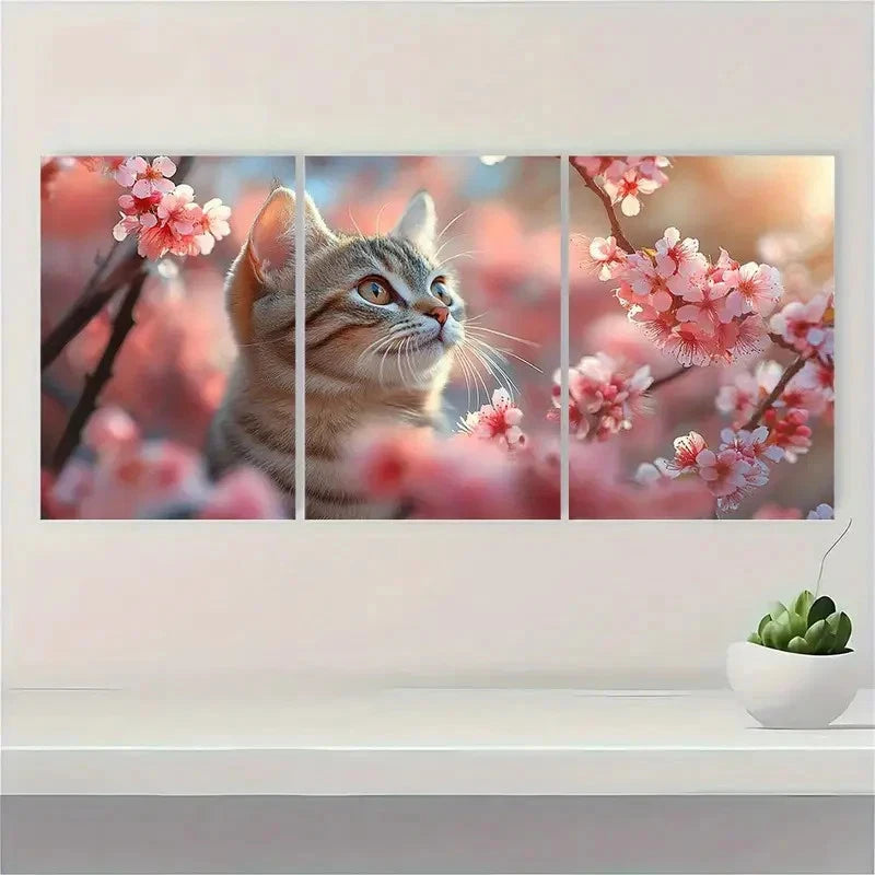 3pcs Cherry Blossom Cat Spring Themed Metal Print Ready to Hang Art