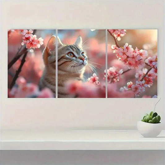 3pcs Cherry Blossom Cat Spring Themed Metal Print Ready to Hang Art
