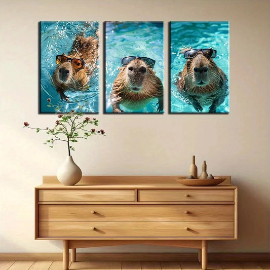 3pcs Poolside Animal Light Blue Water Themed Metal Print Ready to Hang Art