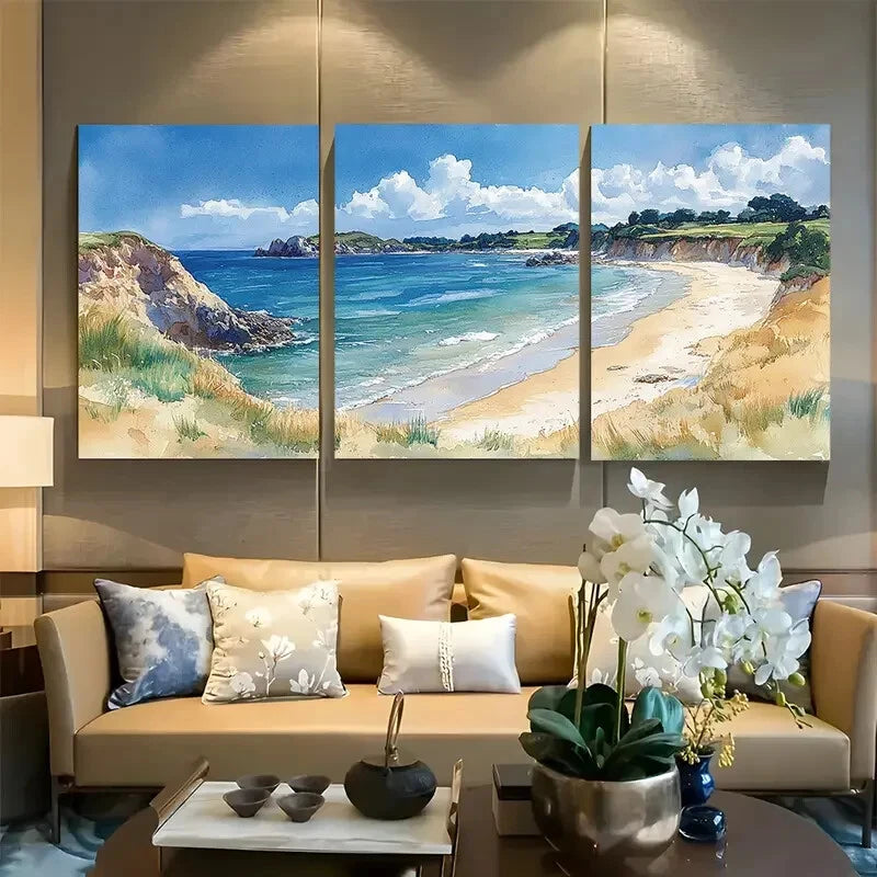 3pcs Trevone Bay, United Kingdom Watercolor Metal Print Ready to Hang Art