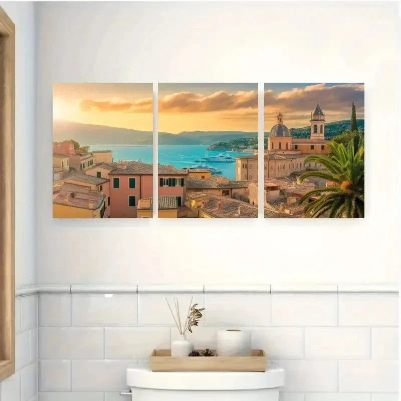 3pcs Mediterranean Buildings Marina Yachts Metal Print Ready to Hang Art