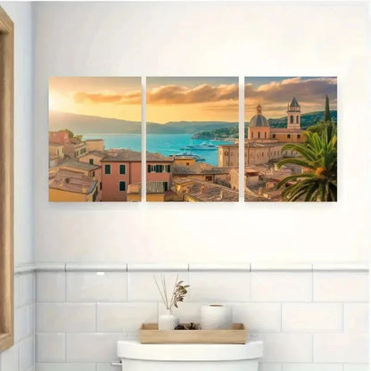 3pcs Mediterranean Buildings Marina Yachts Metal Print Ready to Hang Art