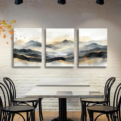 3pcs Beige & Gray Tones Misty Mountain Wall Art Metal Print Ready to Hang Art