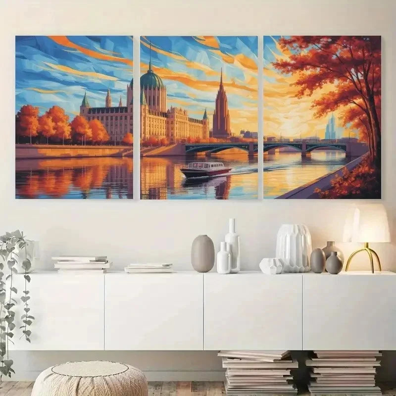 3pcs Cityscape Panels with Autumn Trees Metal Print Ready to Hang Art