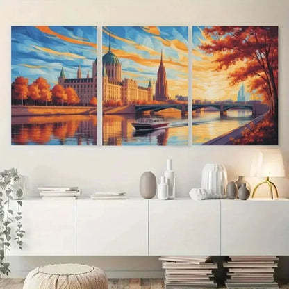 3pcs Cityscape Panels with Autumn Trees Metal Print Ready to Hang Art