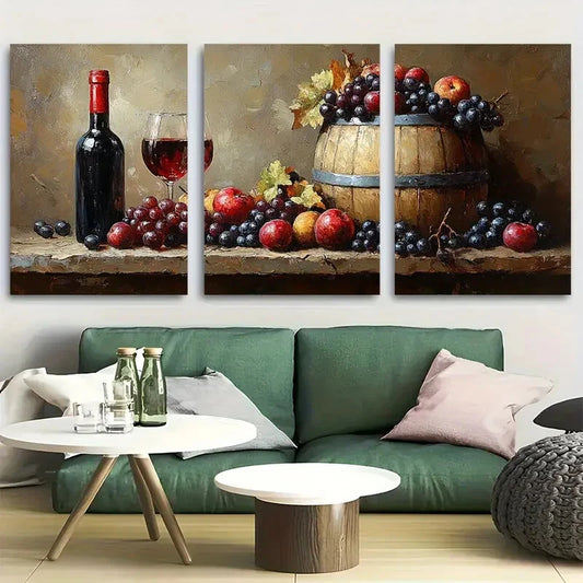 3pcs Fruit and a Wine Barrel Metal Print Ready to Hang Art