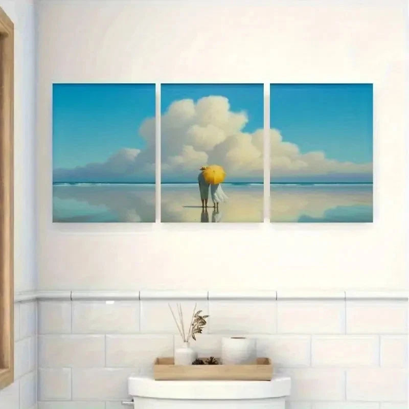 3pcs Yellow Umbrella Blue Sky & White Clouds Metal Print Ready to Hang Art