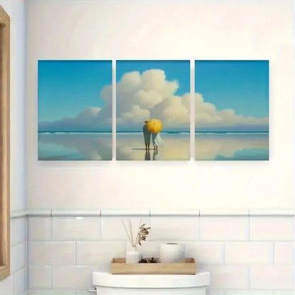 3pcs Yellow Umbrella Blue Sky & White Clouds Metal Print Ready to Hang Art