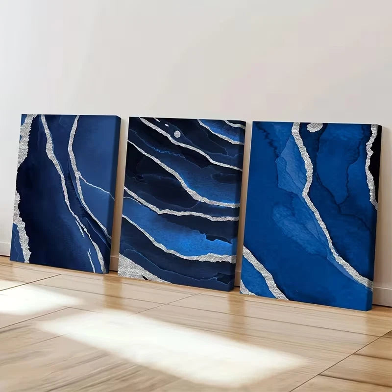 3pcs Navy Blue and Silvery Paintings Wall Art Set Canvas Framed 60x90cm - High Quality Print 100% Australian Made Wall Canvas Ready to Hang