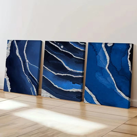 3pcs Navy Blue and Silvery Paintings  Wall Art Set Canvas Framed 60x90cm - High Quality Print 100% Australian Made Wall Canvas Ready to Hang