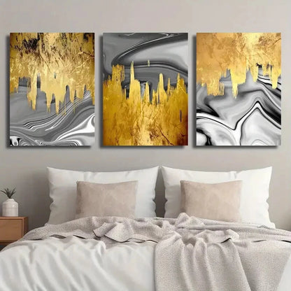 3pcs Golden & Silvery Fluid Design Perfect Wall Art Set Canvas Framed 40x60cm - High Quality Print 100% Australian Made Wall Canvas Ready to Hang