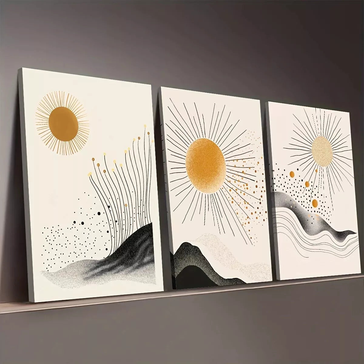 3pcs  Minimalist Sun Mountain Modern Abstract Wall Art Set Canvas Framed 50x70cm -  High Quality Print 100% Australian Made Wall Canvas Ready to Hang