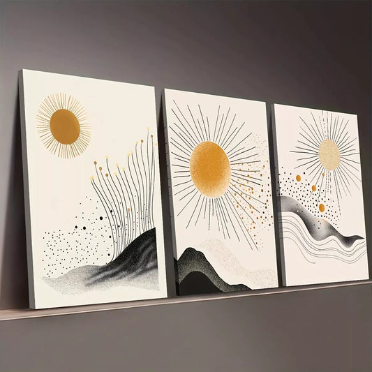 3pcs  Minimalist Sun Mountain Modern Abstract Wall Art Set Canvas Framed 50x70cm -  High Quality Print 100% Australian Made Wall Canvas Ready to Hang