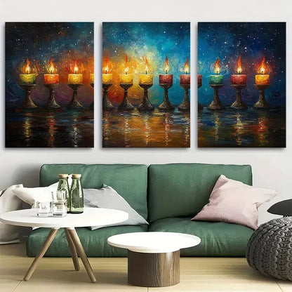 3pcs Blue & Golden Starry Candles Night Design Metal Print Ready to Hang Art