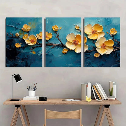 3pcs Yellow Flower Branch Textured Metal Print Ready to Hang Art
