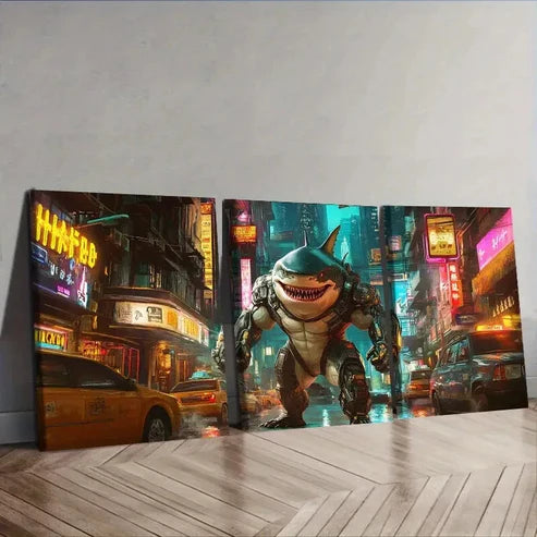 3pcs Shark Warrior Wall Art Set Canvas Unframed - High Quality Print 100% Australian Made Wall Canvas
