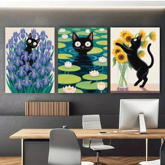 3pcs Paintings of Cats Irises Water Lilies Metal Print Ready to Hang Art