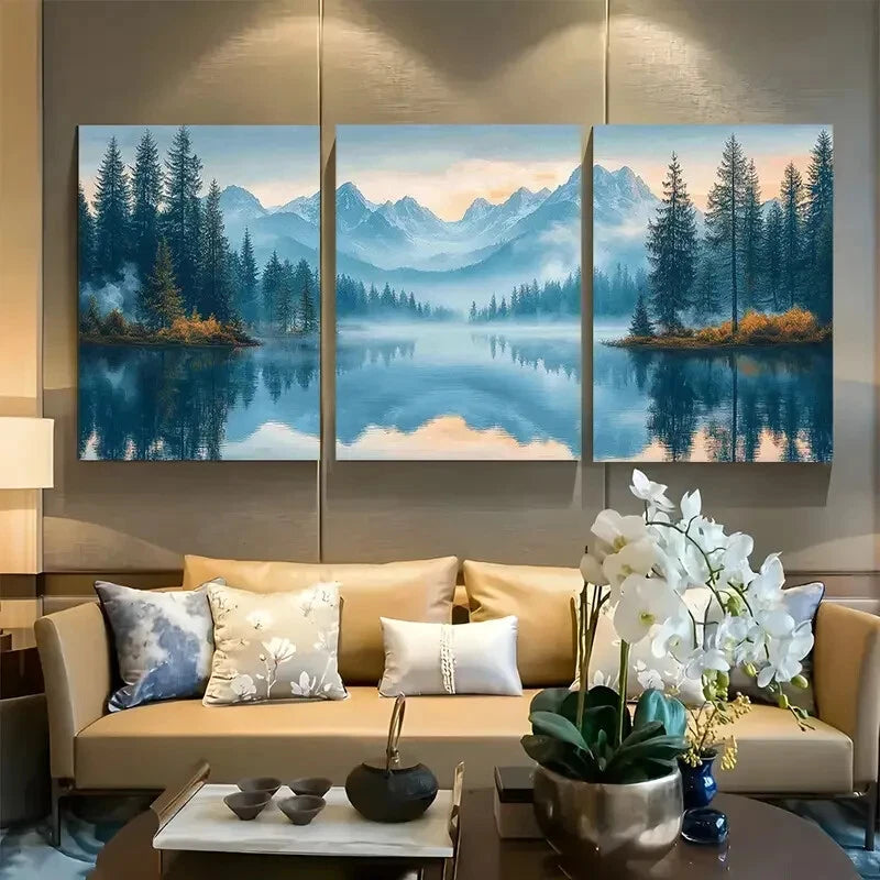 3pcs Tranquil Misty Peaks Mountain River Forest Metal Print Ready to Hang Art