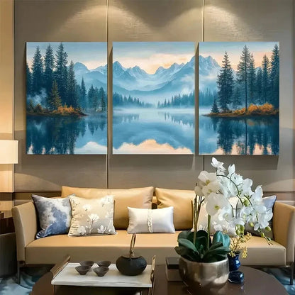 3pcs Tranquil Misty Peaks Mountain River Forest Metal Print Ready to Hang Art