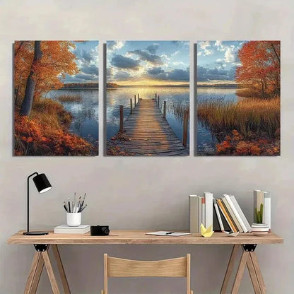 3pcs Lake Sunset Scene with Wooden Pier Wall Art Set Canvas Unframed - High Quality Print 100% Australian Made Wall Canvas
