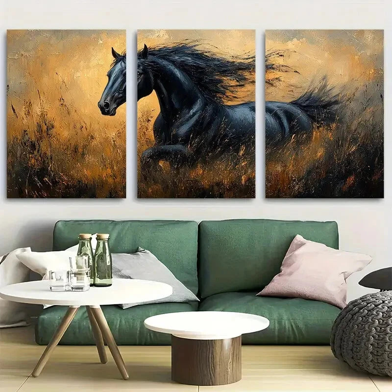 3pcs Stunning Black Horse Metal Print Ready to Hang Art