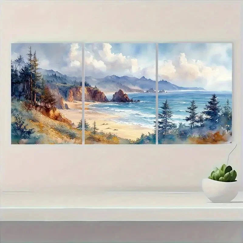 3pcs Vibrant Watercolor Landscape with Beach Metal Print Ready to Hang Art