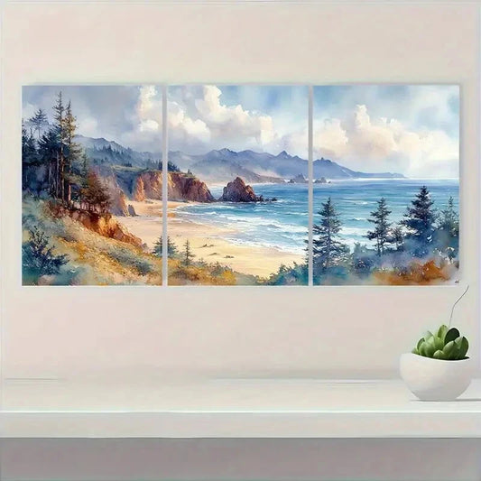 3pcs Vibrant Watercolor Landscape with Beach Metal Print Ready to Hang Art