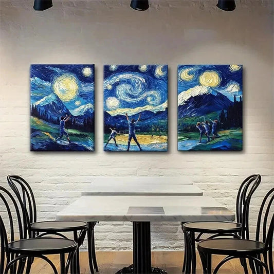3pcs Baseball Starry Gogh Style Night Perfect Wall Art Set Canvas Framed 40x60cm - High Quality Print 100% Australian Made Wall Canvas Ready to Hang