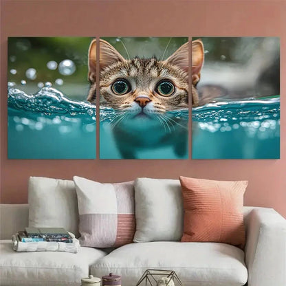 3pcs Funny Cat Swimming in Pool Illustration Metal Print Ready to Hang Art